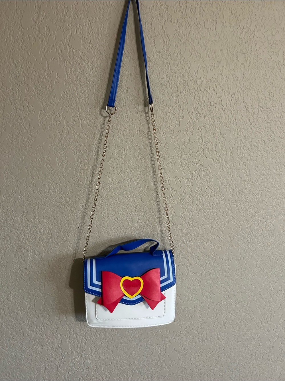 Blue & White Sailor Crossbody Bag with Red Bow Accent